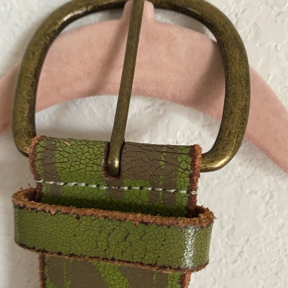 Vintage Ed Hardy Y2K Green Yellow Graphic Edgy Distressed Leather Panther Belt